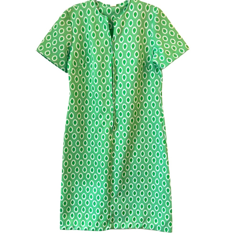 Vintage 1960s Mod Go-Go Mini Dress Green Patterned White Zip Front Size 10